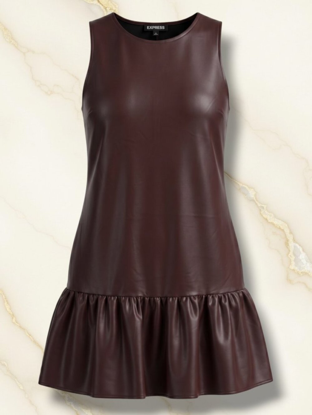 Express Brown Faux Leather Sleeveless Ruffle Hem Mini Dress L